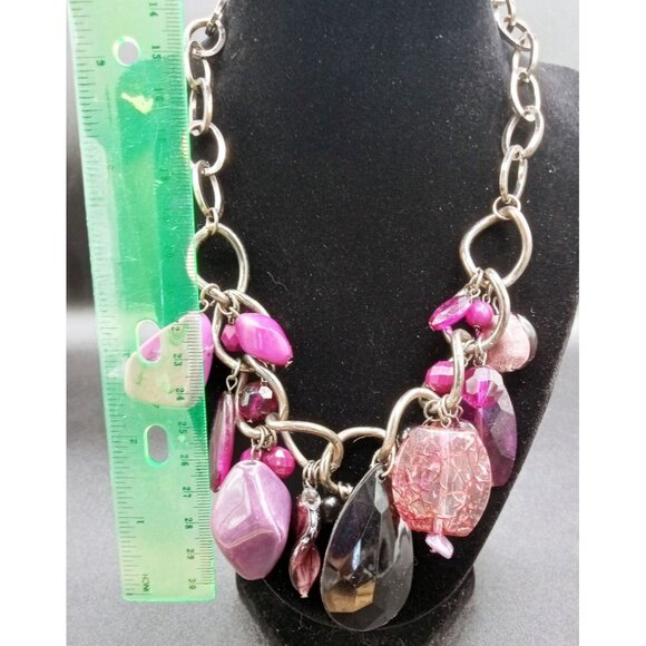 Chunky Statement Necklace Pink Purple Beads Charm Bib Jewelry Y2K Barbiecore - Picture 2 of 15